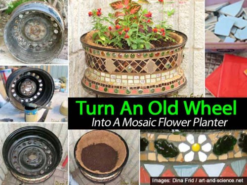 Transform an old wheel into a gorgeous mosaic planter.