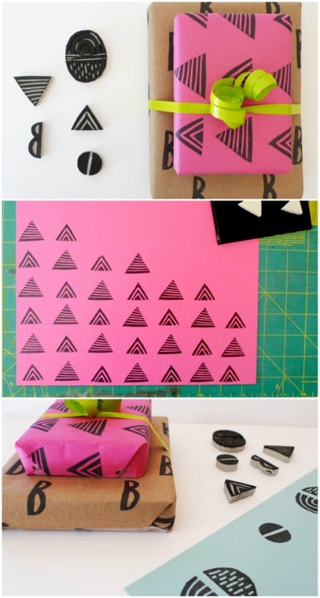 Make your own patterned wrapping paper with handmade stamps.