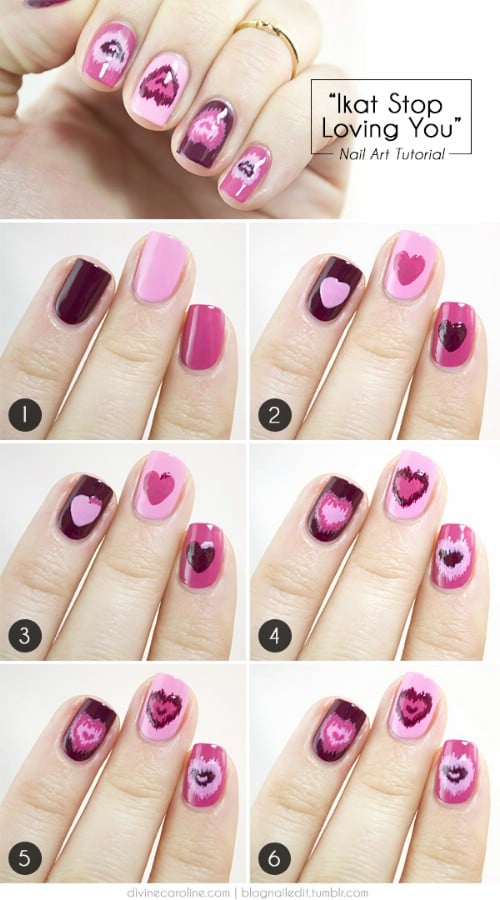 Ikat Hearts - 20 Ridiculously Cute Valentine’s Day Nail Art Designs