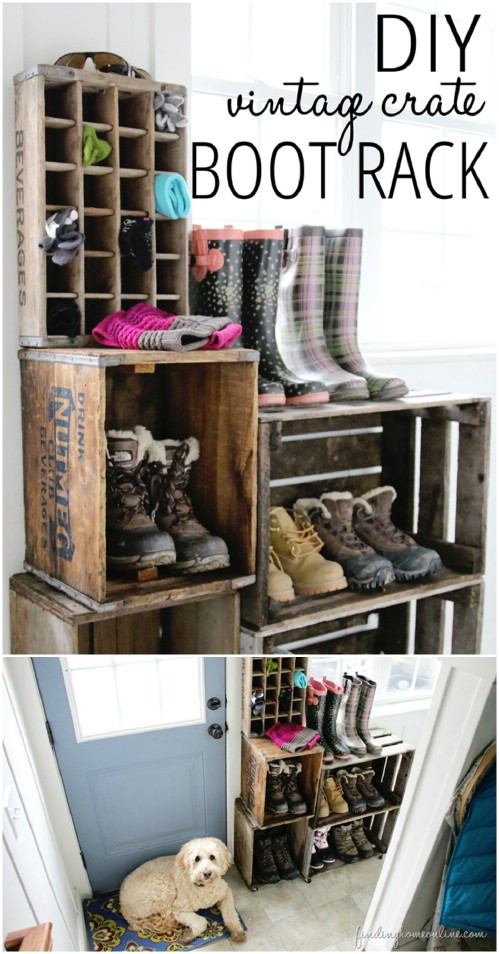 Vintage crate boot rack - 50 Decorative Rustic Storage Projects For a Beautifully Organized Home