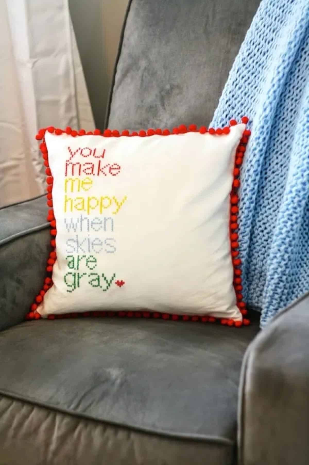 DIY Cross Stitch Pillow With Pom Pom