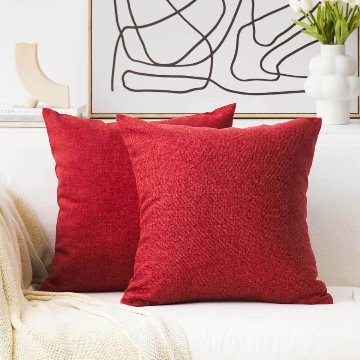 Home Brilliant Red Linen Throw Pillow Covers