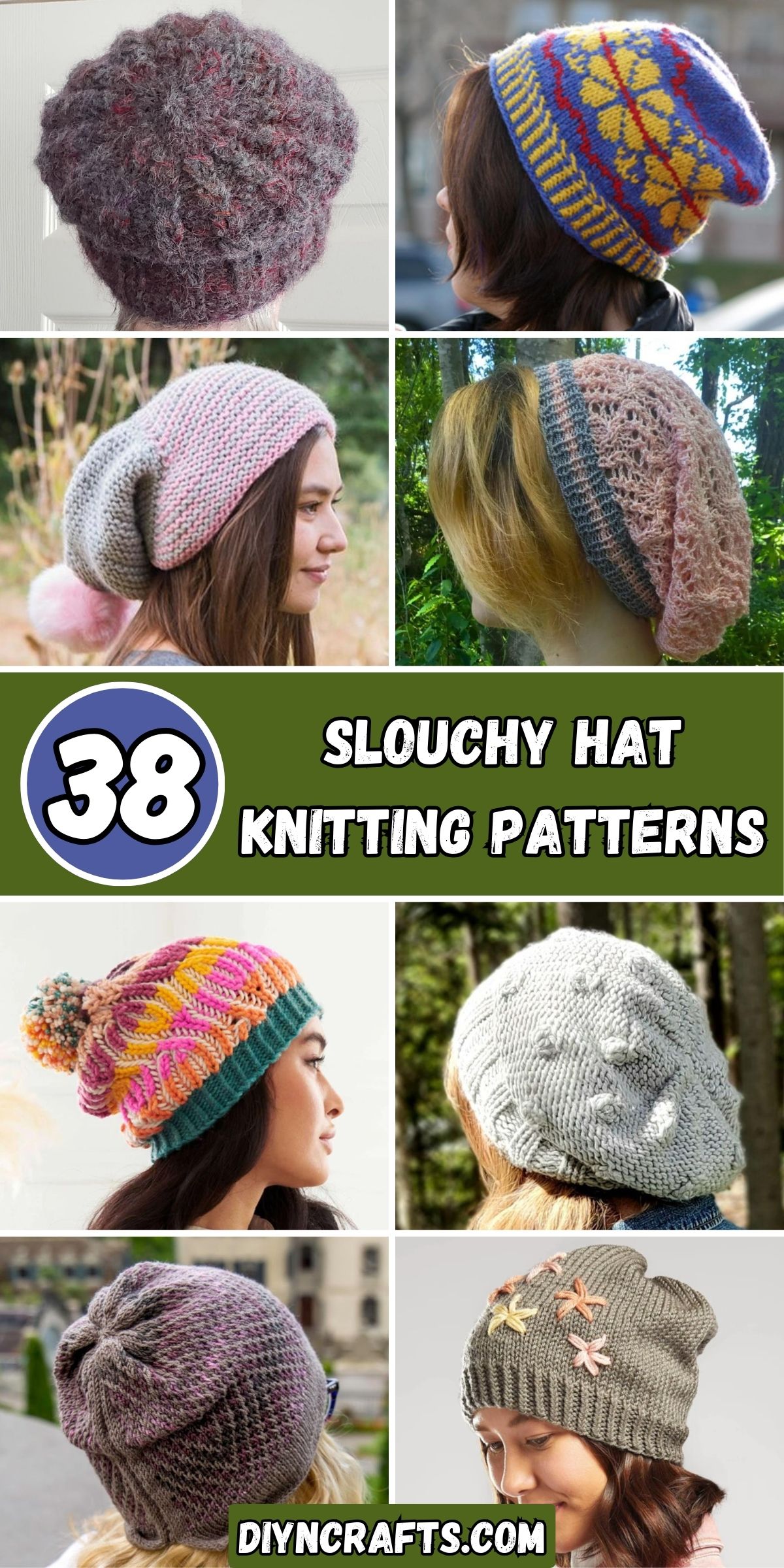 38 Slouchy Hat Knitting Patterns collage.